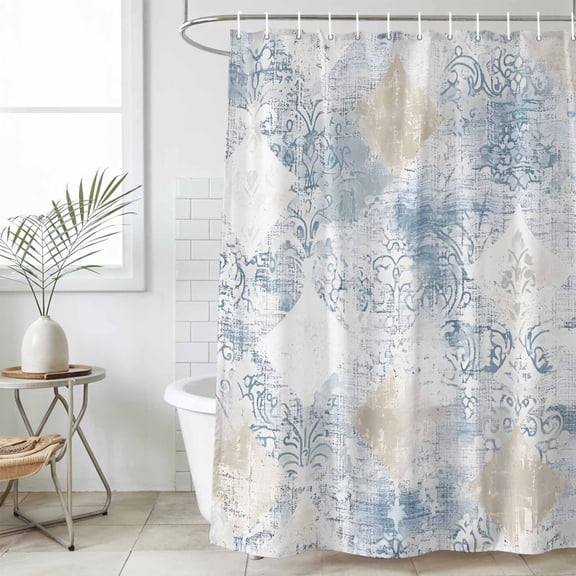Blue Beige Floral Long Shower Curtain Set, Waterproof Shower Curtains for Bathroom, Vintage Smear Abstract Art Washable Fabric Cloth Bath Curtain for Bathtub Decoration with Hooks 72x84 Inches
