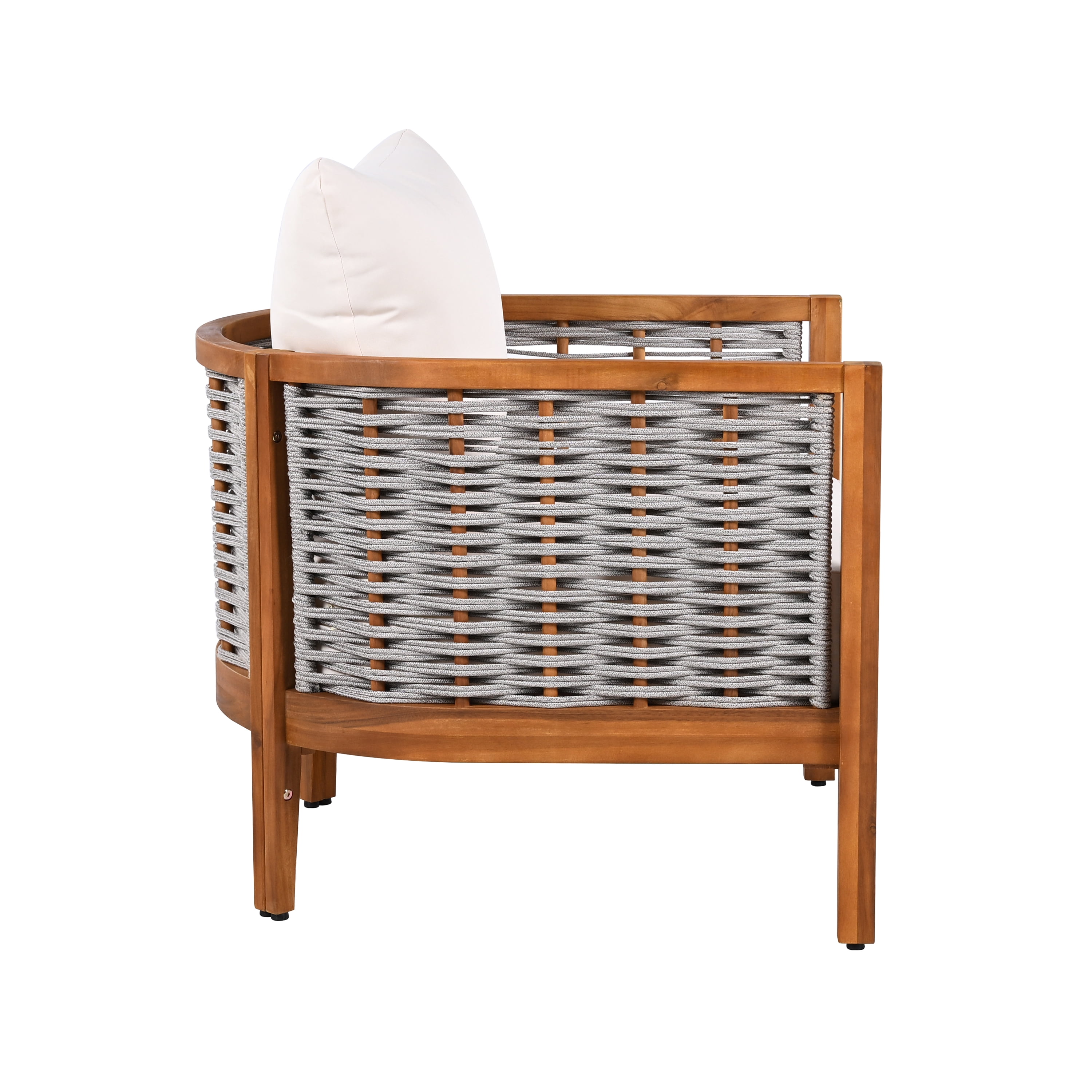Outdoor Unique Tub Design Armchair with Woven Rope Patio Furniture Acacia Wood Chair for Porch, Teak and Beige