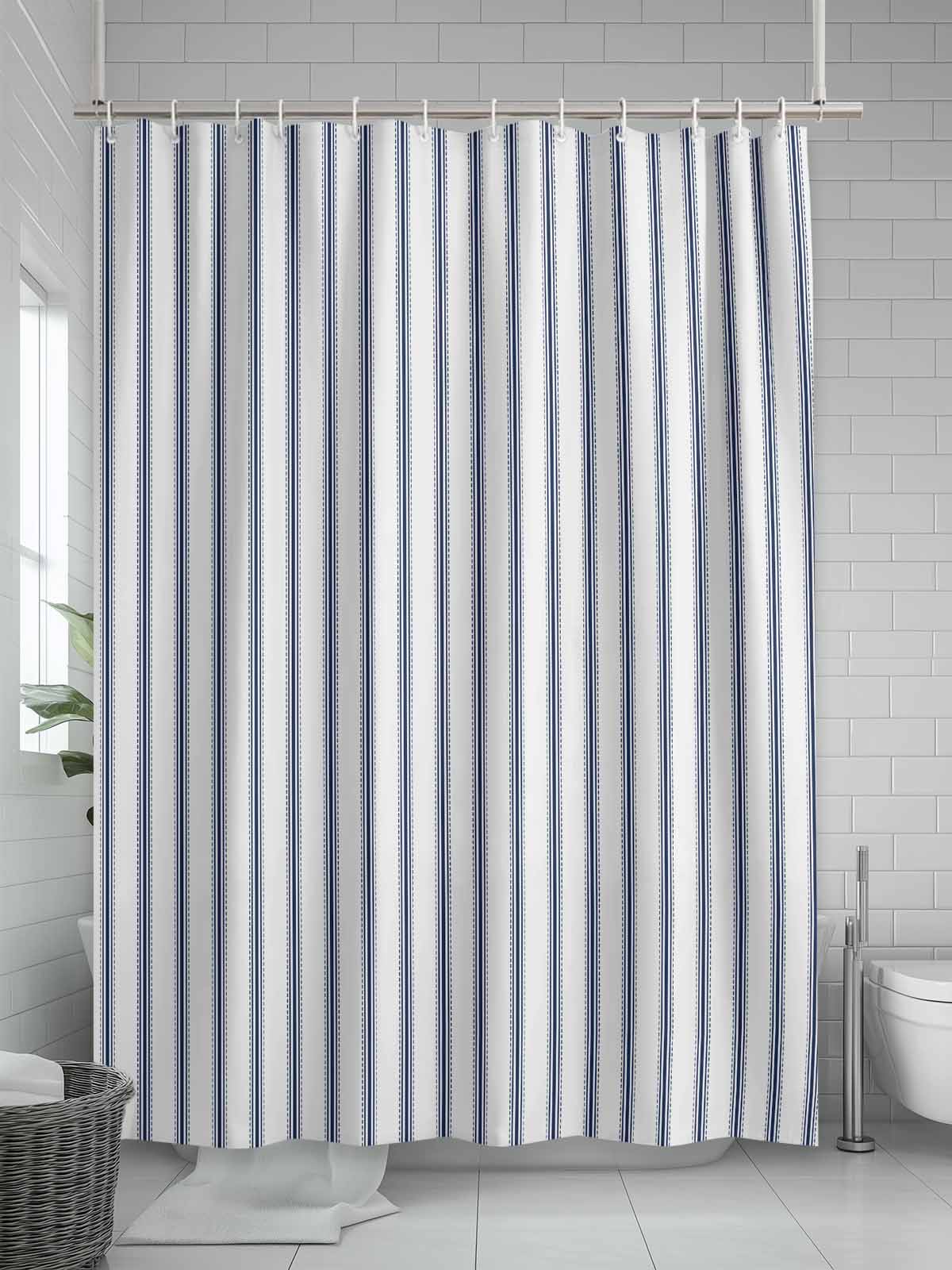 Navy Blue Striped Standard Shower Curtain Set, Waterproof Shower Curtains for Bathroom, Navy Blue White Stripes Farmhouse Washable Fabric Cloth Bath Curtain for Bathtub with Hooks 72x72 Inches