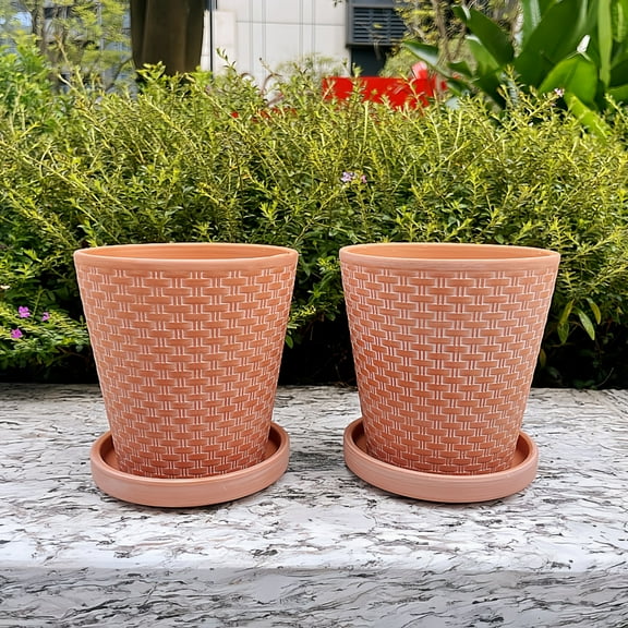 5 inch x 5 inch Terracotta Clay Planters with Drainage Hole, Saucer, 2 Count