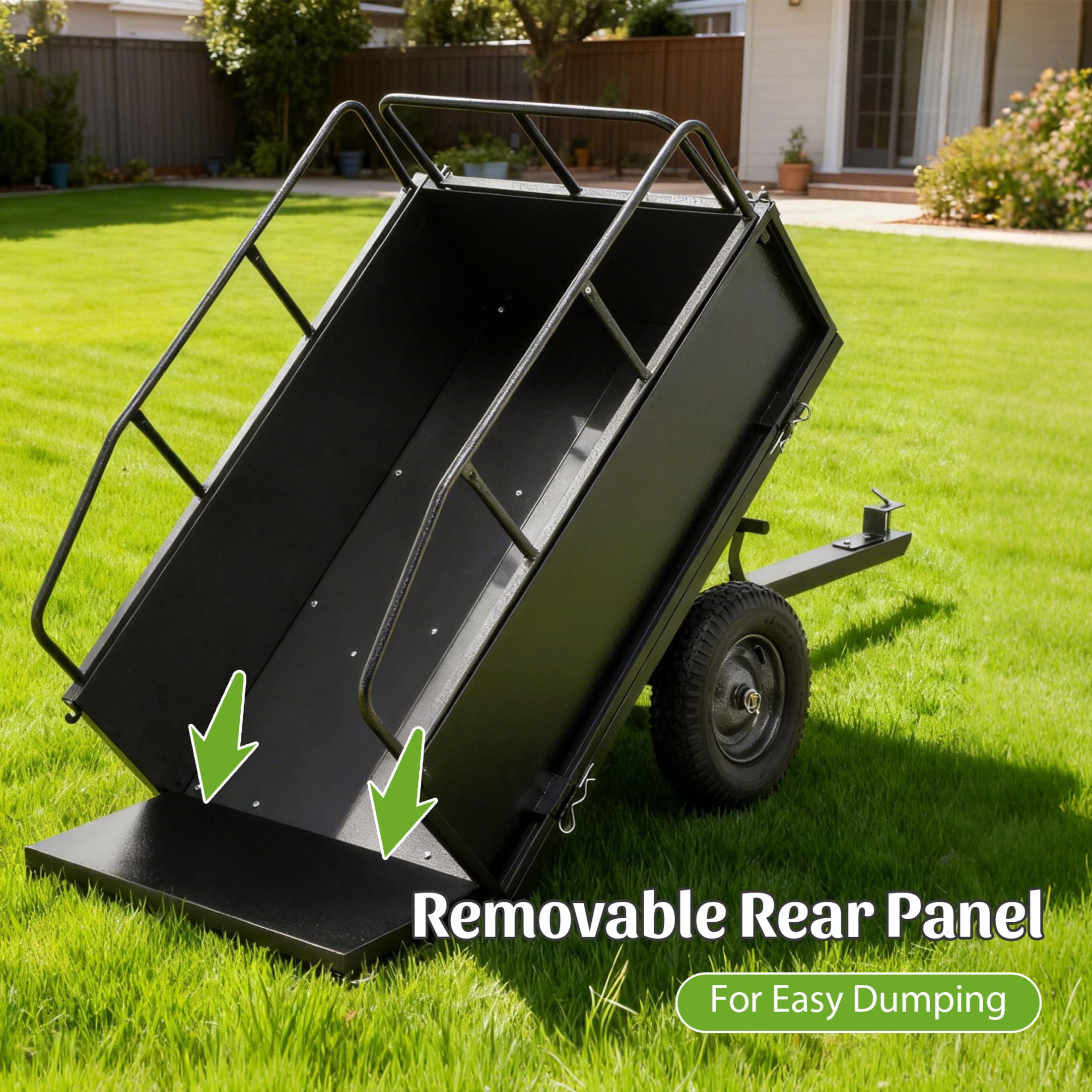 Noble House Outdoor Heavy Duty Steel Dump Cart, for Garden Lawn Tractors, Tow Behind Hauling & Dumping Wagon, Black