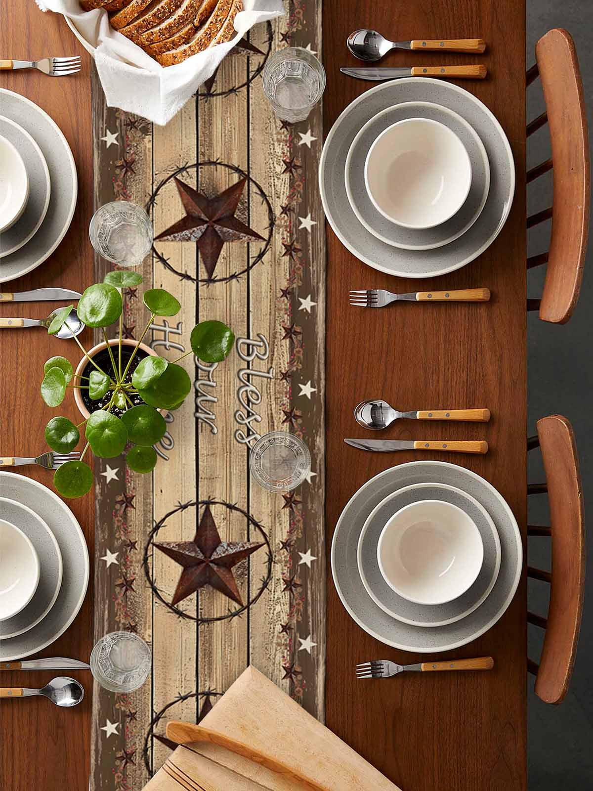 nqOlkjepod Rustic Country Table Runner 72 Inches Long Farmhouse Dress Scarves, Western Stars Brown Texture Wooden Print Dining Tablerunner for Coffee Table/Kitchen Island/Party Décor, 18" x 72"