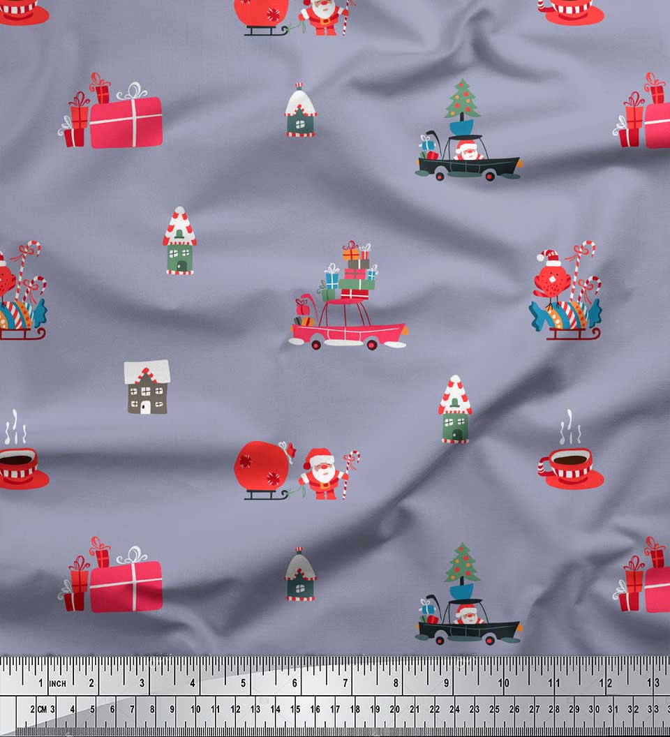 Soimoi Poly Georgette Fabric House,Gift Box & Santa Christmas Print Fabric by the Yard 52 Inch Wide