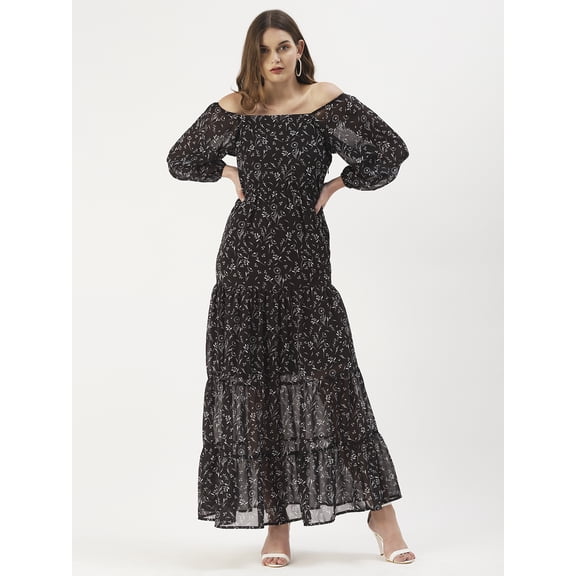 DressBerry Women’s Printed Poly Georgette Off-Shoulder Long Balloon Sleeves Ankle Length Tiered Hem Light Weighted Casual Summerwear Beachwear Partywear All Purpose One Piece Dress