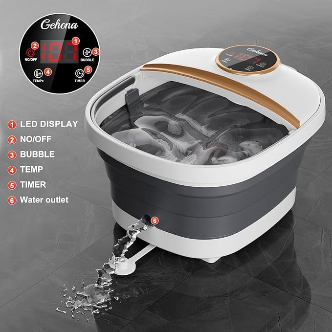 Gehona Black Foldable Heated Foot Spa, Foot Massager with Temperature Control, Bubble Function, Red Light, and Timer.