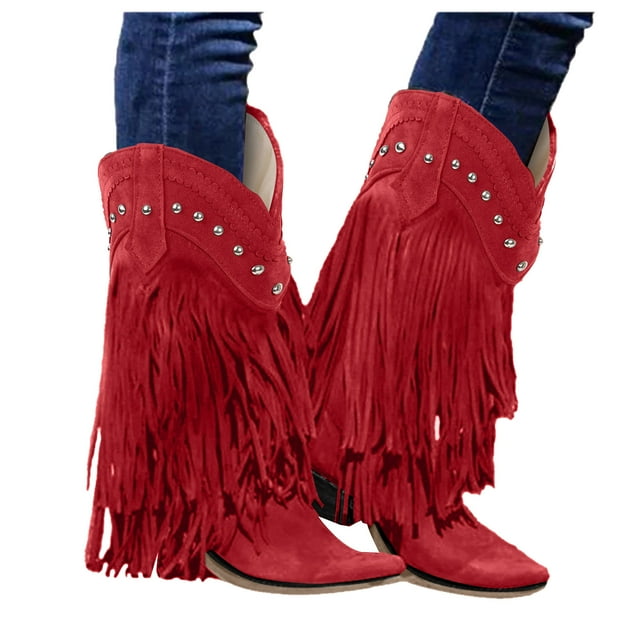 Dakaela Bottes de Cowboy à Franges pour Femmes, Bottes Western de Cowgirl Brodées à Pampilles, Bottes Hauteur Genou à Enfiler