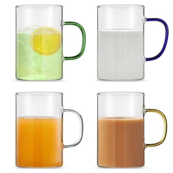4PCS Glass Coffee Mugs, 17oz Clear Coffee Mug, Clear Espresso Cup with Colored Handle, Wide Mouth Mug for Hot and Cold Beverages, Latte, Cappuccino, Tea, Dishwasher & Microwave Safe