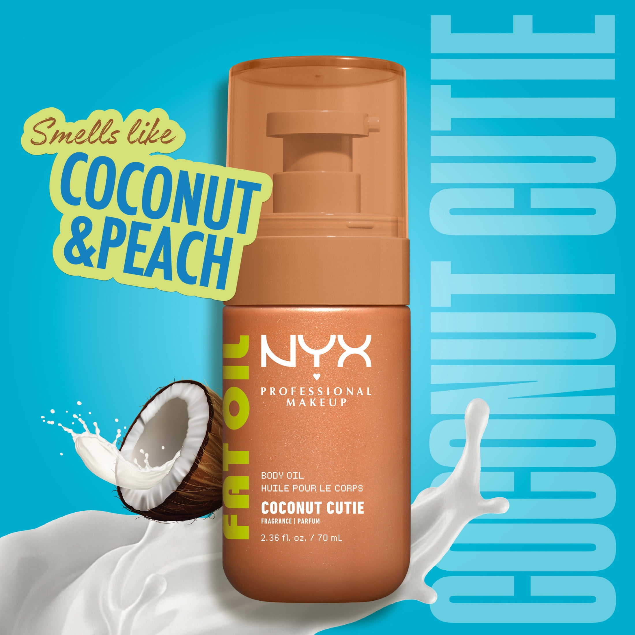 NYX Professional Makeup Fat Oil Hydrating Body Oil with Avocado Oil and Vitamin E, Coconut Cutie, 2.36 fl oz