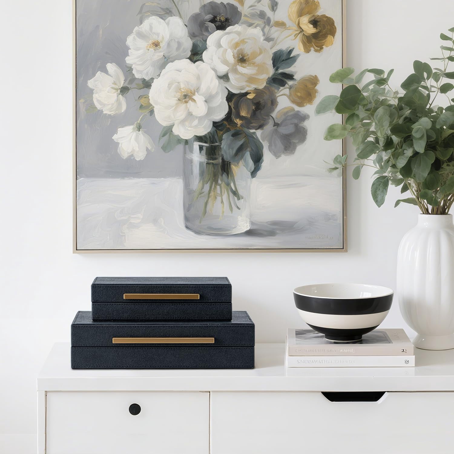 Set Of 2 Black Shagreen Storage Boxes With Metal Handles - Faux Leather Organizer  Nesting Decorative Box For Photos Memory Keepsake Home & Office Decor