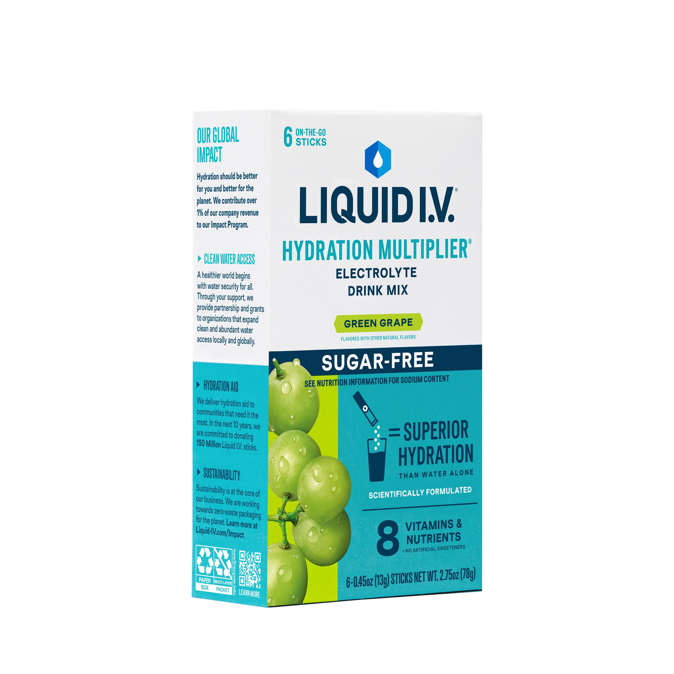 (2 pack) Liquid I.V.® Green Grape Hydration Multiplier® Sugar-Free Electrolyte Powder Drink Mix, 6 Count Packets
