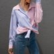 thumbnail image 4 of Camisa holgada de mujer con botones de empalme a rayas de manga larga Camisas de gran tamaño Irfora Medio, 4 of 7