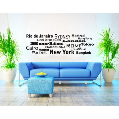 - World Cities III: New York, Rio De Janeiro, Montreal... Wall Decal - wall decal, sticker, quotes and sayings - 1183 - Dark green, 47in x 15in