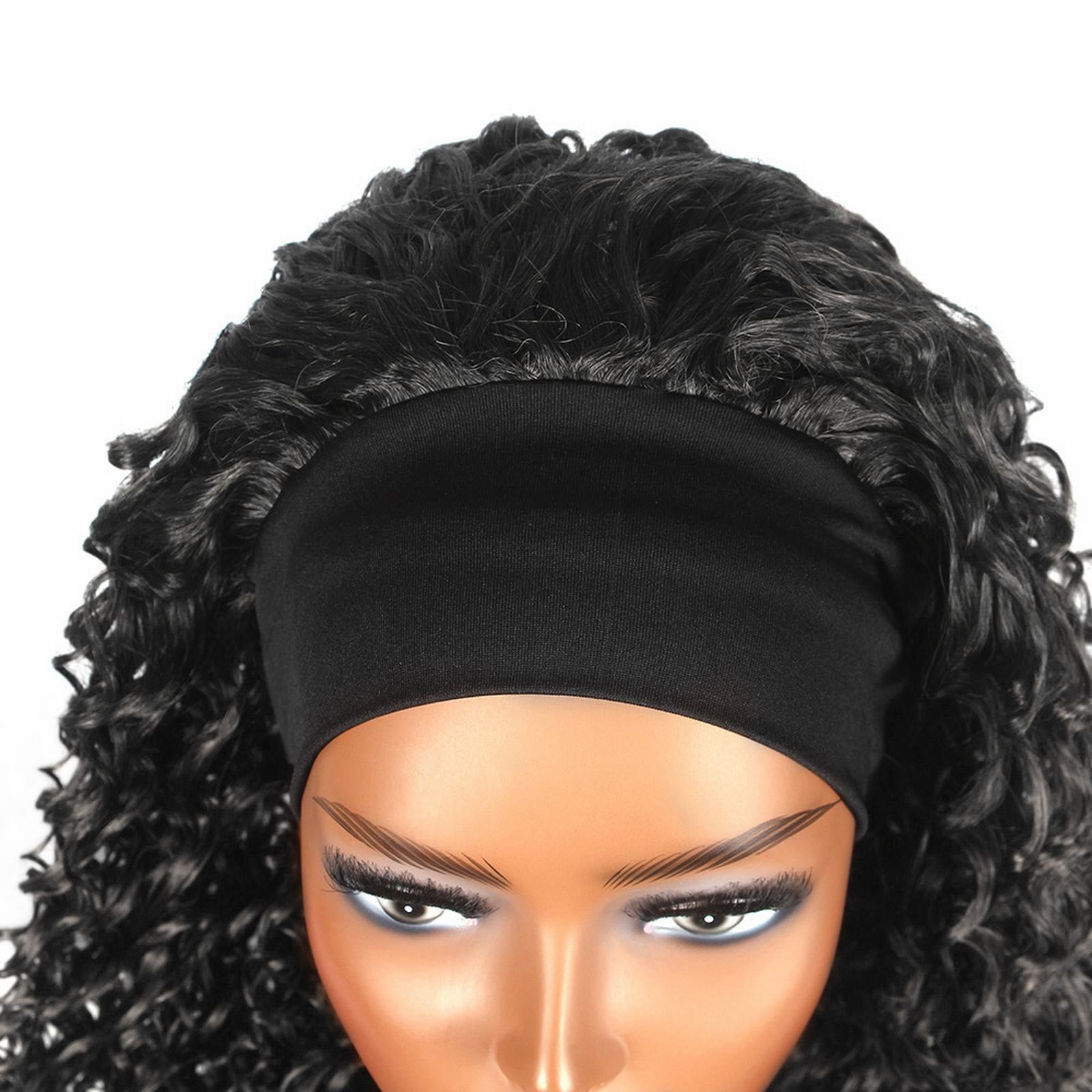 Headband Wig Human Hair Water Wave, Glueless Curly Human Hair Wig with Pre Attached Scarf, Wear and Go Wigs for Black Women(BK2,One Size)