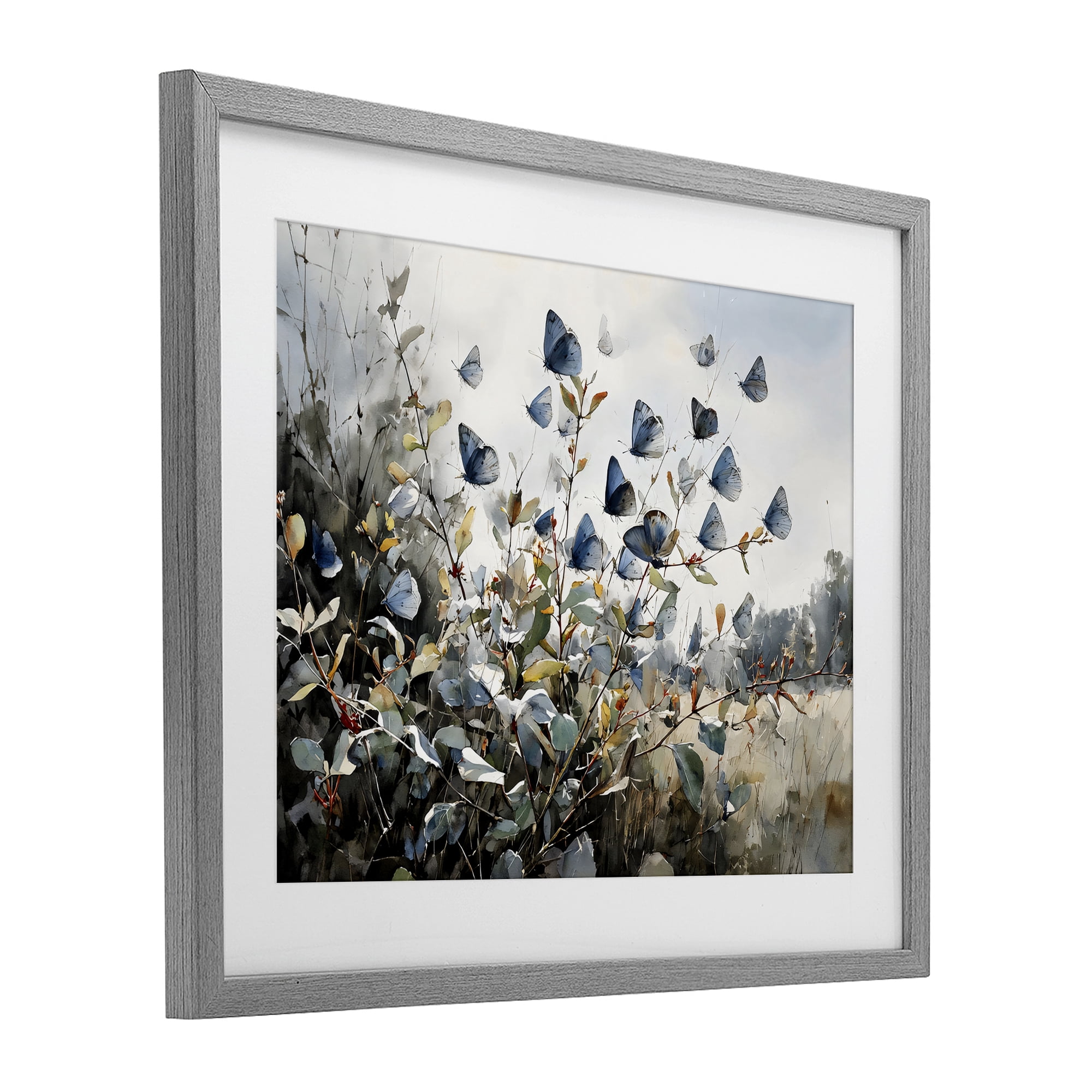 Stupell Industries Blue Butterflies Among Meadow Leaves Gray Framed Print Under Glass, design by Franklyn Gregory