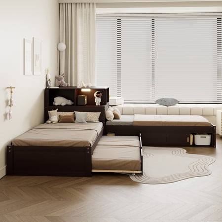 Euroco Wood Twin Size Platform Bed with Desk and cabinets, 3 Beds in 1 L-Shaped Bed with Trundle and Drawers, Espresso