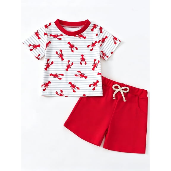 HWJAD Toddler Baby Boys Summer Outfits Infant Lobster Print Short Sleeve T-Shirt and Shorts Set 2 Piece Kids Clothes for 3M-3 Years
