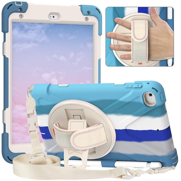 Funda a juego para iPad Mini 4/5 con correa para el hombro, correa de mano, soporte ajustable, portalápices y protección contra golpes.