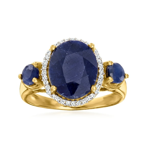 Ross-Simons 4.70 ct. t.w. Sapphire 3-Stone Ring With .14 ct. t.w. Diamonds in 18kt Gold Over Sterling, Women's, Adult