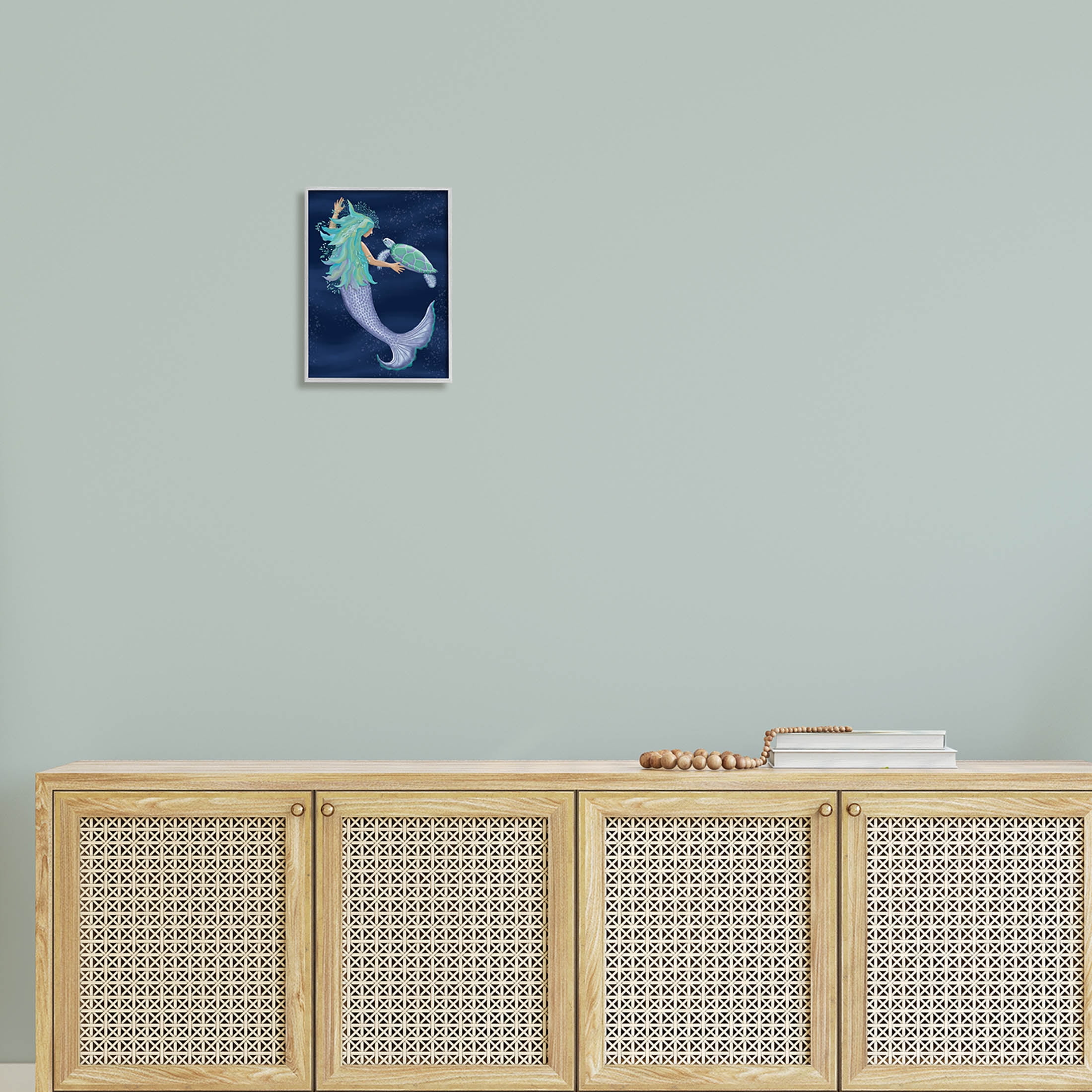 Nautical Mermaid Swimming Tortoise Fairy Tales & Fantasy Graphic Art Gray Framed Art Print Wall Art