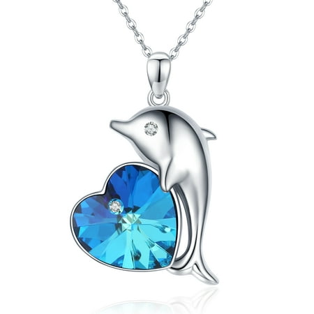 Midir&Etain Dolphin Necklace for Girls 925 Sterling Silver Dolphin Hug Heart Heart Crystal Pendant Necklace Ocean Animal Jewelry Birthday Gifts for Women Mom Daughter Grandmother