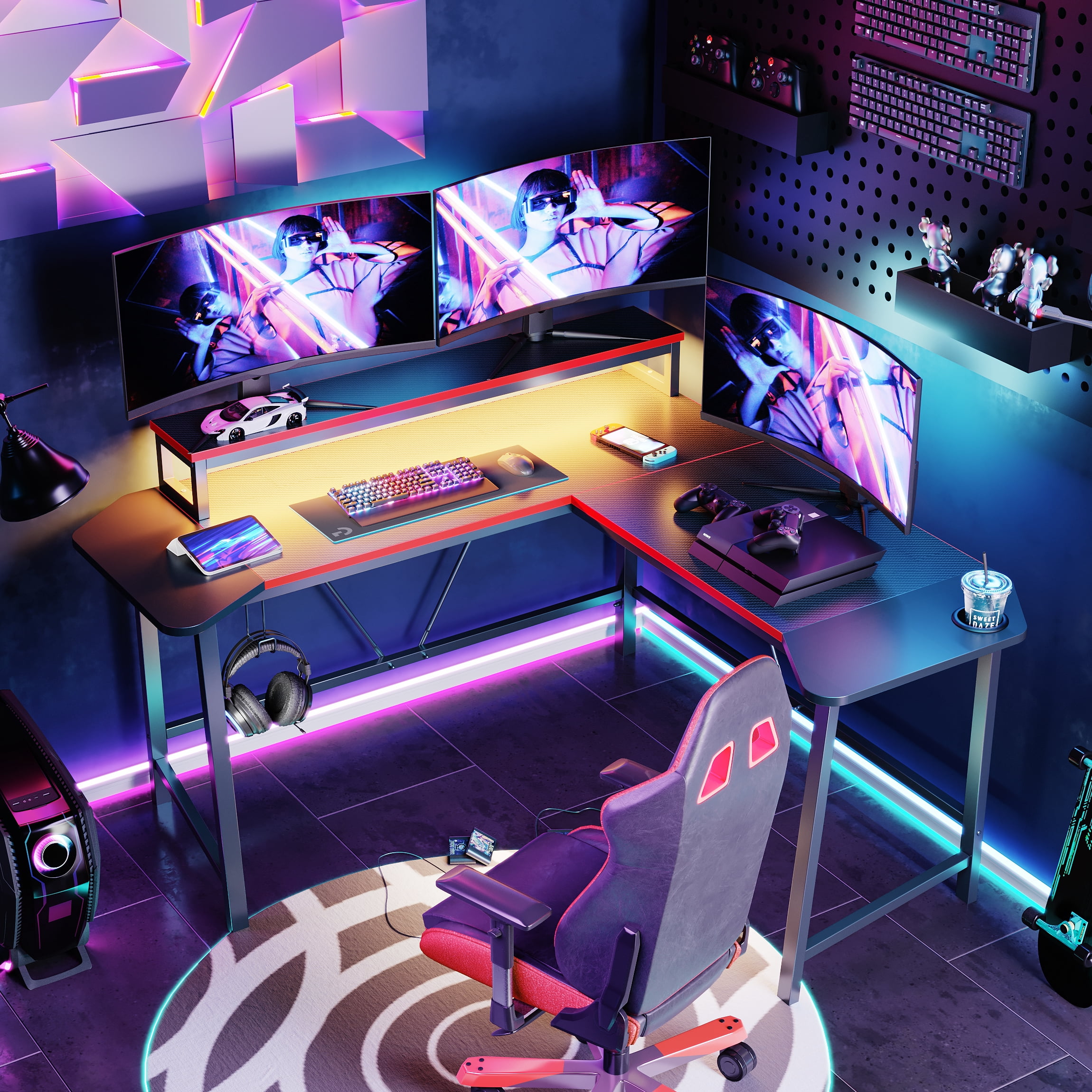 Bestier L-Shaped Gaming Desk 57 Inch Corner Computer Desk with LED Lights & Monitor Riser, Carbon Fiber