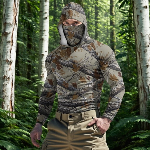 Fewfanhot Sweatshirts for Men Hunting Shirts with Mask Long Sleeve Camo Fishing Hoodie