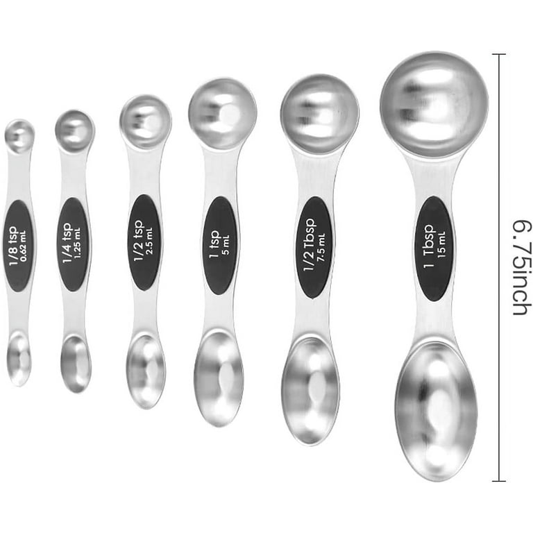 Set of 6 Magnetic Measuring Spoons, Stainless Steel, Double-headed Spoons, for Measuring Dry and Liquid Ingredients, Stackable Soup Spoons, Tea Spoons