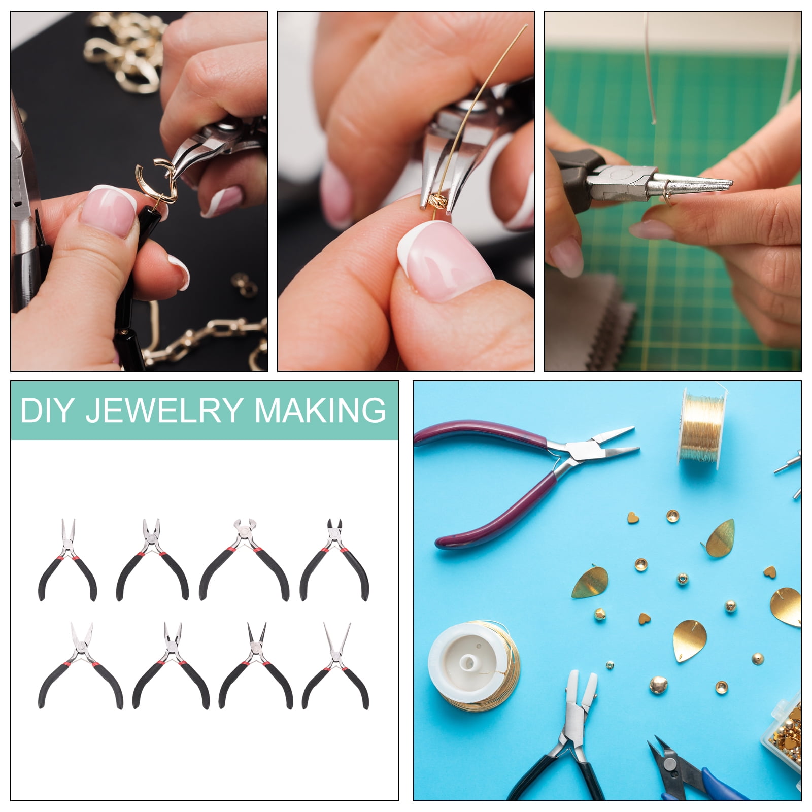 Uxcell 8pcs Jewelry Pliers Kits Jewelry Making Pliers Tool Needle/Round/End Cutter/Bent/Long/Flat Nose Pliers Wire Cutter & Diagonal Cutter for  Tool Hobby Craft