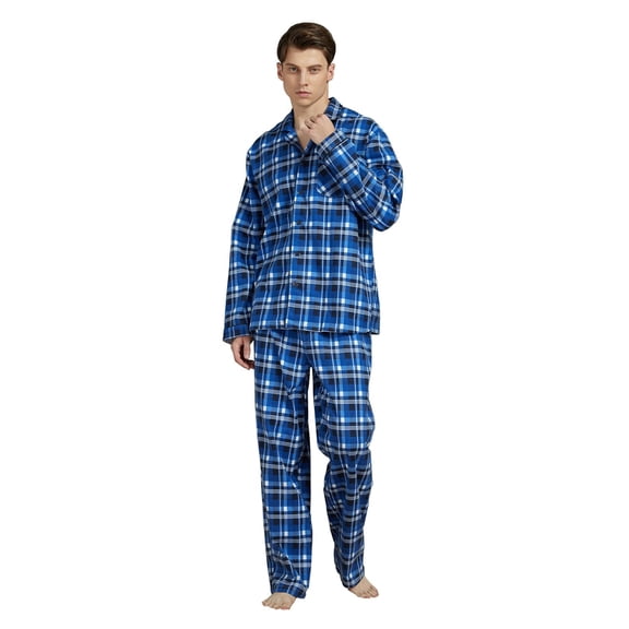 Amaxer Mens Cotton Flannel Pajama Set, Long Sleeve Button‑Down Top & Elastic Waist Long Pants, Breathable Sleep Loungewear, Size L