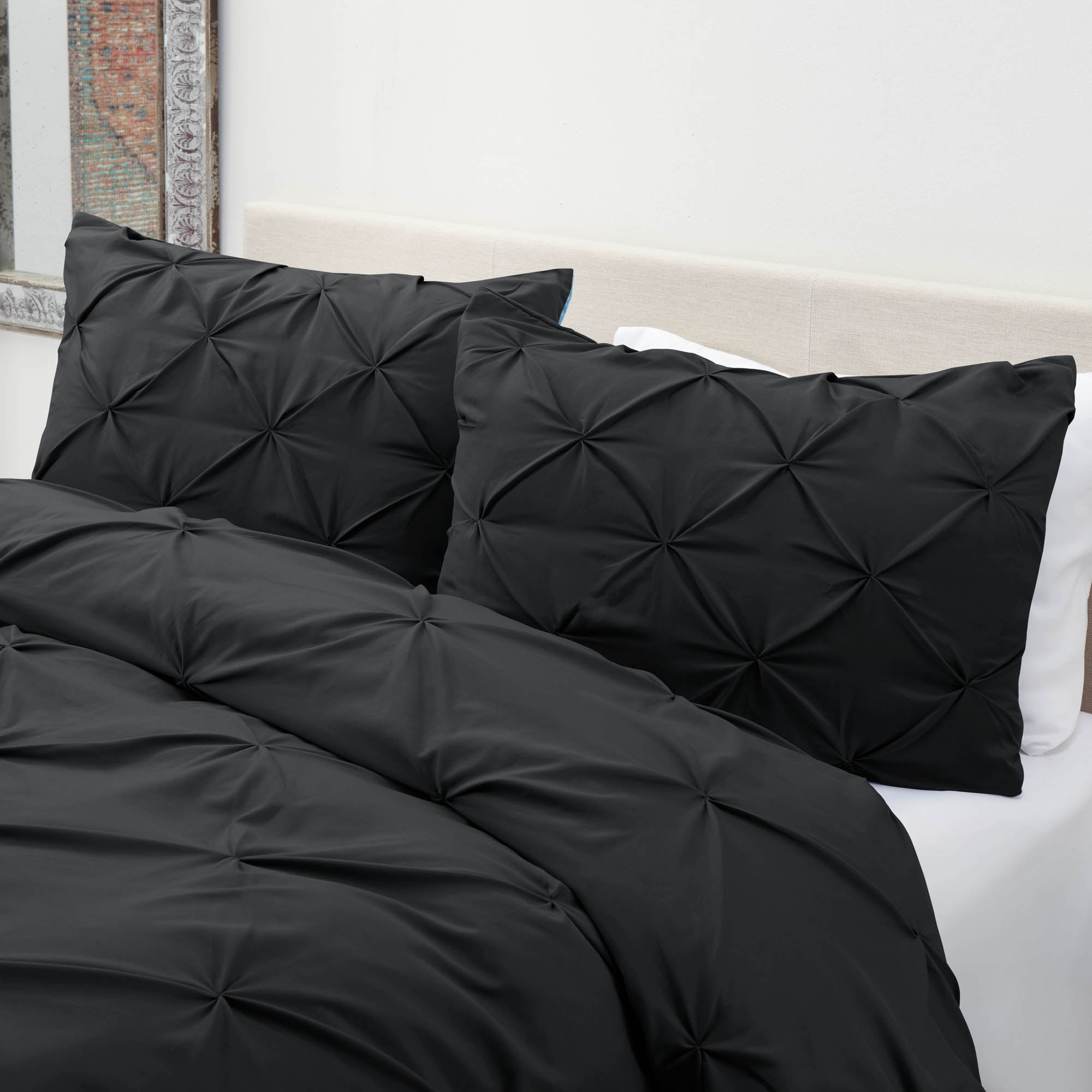 Nestl 3 Piece Pinch Pleated Pintuck Duvet Cover Set with Shams, Soft Microfiber,Button Closure Bedding Set, Queen - Black