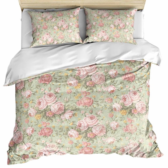 Pink Flowers Bedding 3 Piece Duvet Cover Set California King, Green Country Botanical Floral Leaves Soft Microfiber Comforter Cover with Zipper Closure & Pillowcases, FadeResistant Quilt Cover