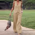 thumbnail image 2 of Conjunto informal de algodón de 2 piezas para mujer: camisa sin mangas con botones y pantalones rectos de pierna ancha con bolsillos, diseño sexy en el pecho, para el día a día/formal., 2 of 5