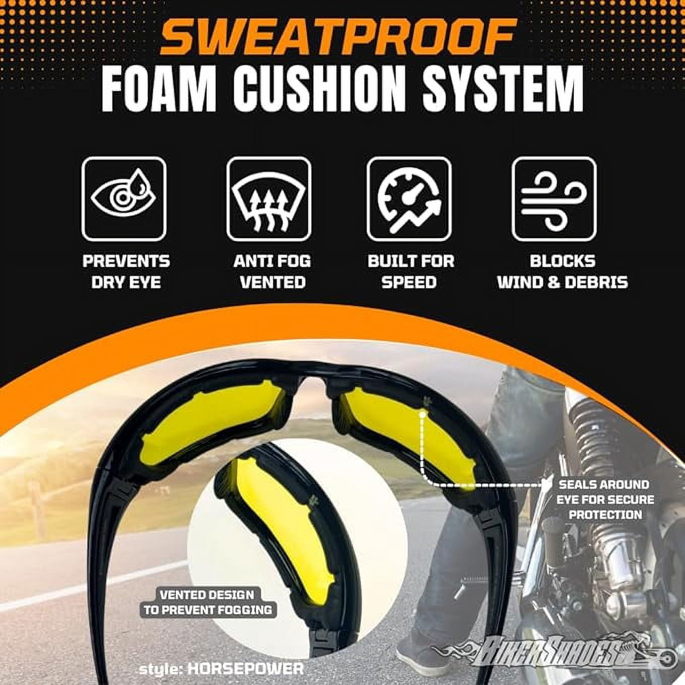 Bikershades Motorcycle Safety Sunglass Foam Padded Mens Windproof Dustproof Large Fit