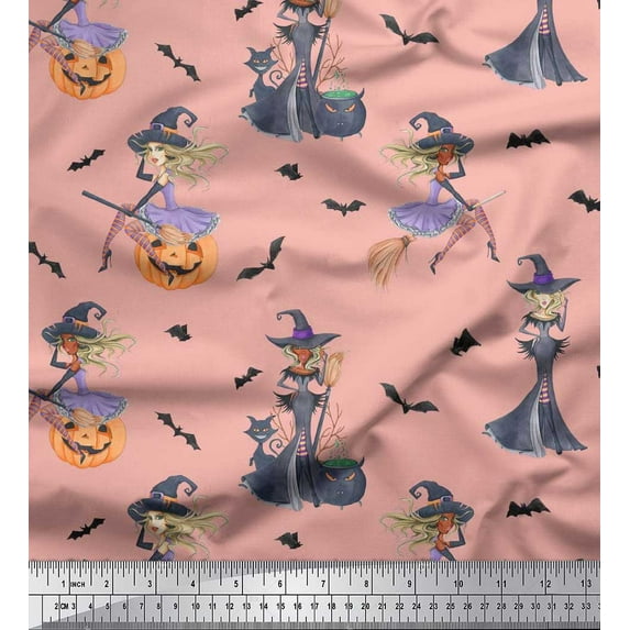 Soimoi Polyester Crepe Fabric Magic Potion,Bat & Witch Halloween Print Sewing Fabric Yard 52 Inch Wide