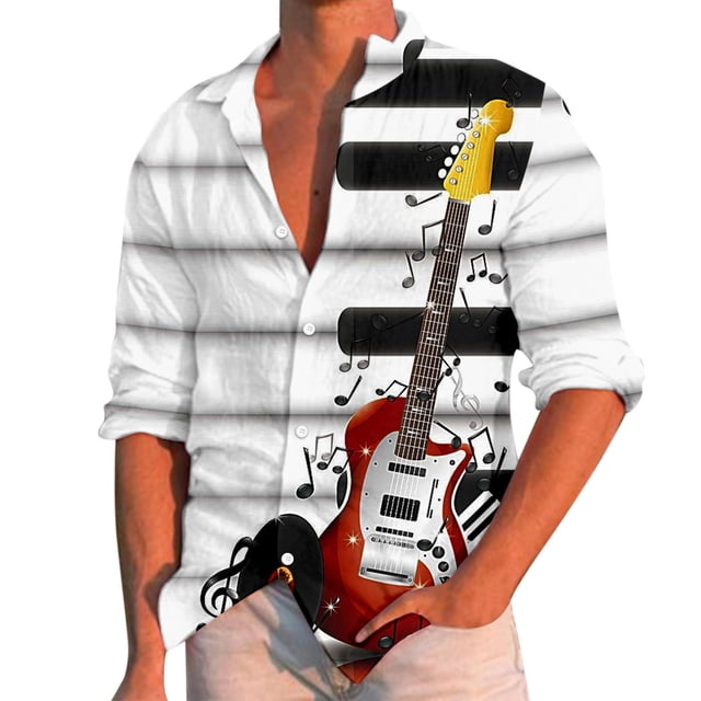 Camisas Para Hombre Manga Larga Camisa de manga larga con cuello vuelto y estampado de música informal para hombre (White, M)