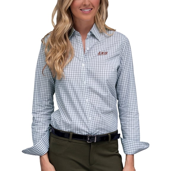 Women's White/Gray Eastern Kentucky Colonels Easy Care Gingham Button-Up Long Sleeve Shirt