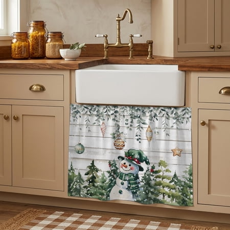 Cabinet Curtains 10 W x 11 L Green Snowman Christmas Sink Skirt for Bathroom Kitchen Self Adhesive Xmas Snowflake Eucalyptus Leaves Wooden Privacy Short Curtain for Shelves Closet Table Storage