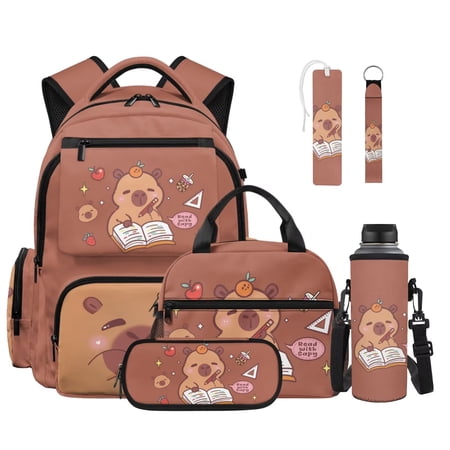 FOR U DESIGNS Brown Capybara Study Print Backpack 6Pcs Set for Middle School Elementary Lightweight Bookbag with Lunch Box Pencil Case Water Bottle Sleeve Leather Bookmark Keychain