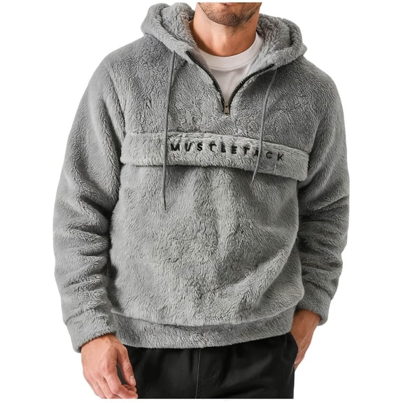 LEKWK Mens Sherpa Hoodie Fuzzy Fleece Pullover Quarter Zip Top Winter Warm Flap Pocket Letter Graphic Streetwear Sweatshirt