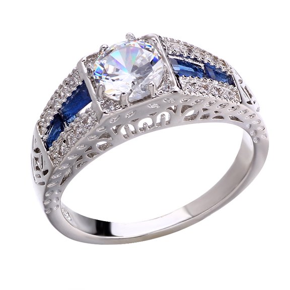 Women's Platinum-Plated Hollow Square Sapphire Round Diamond Ring