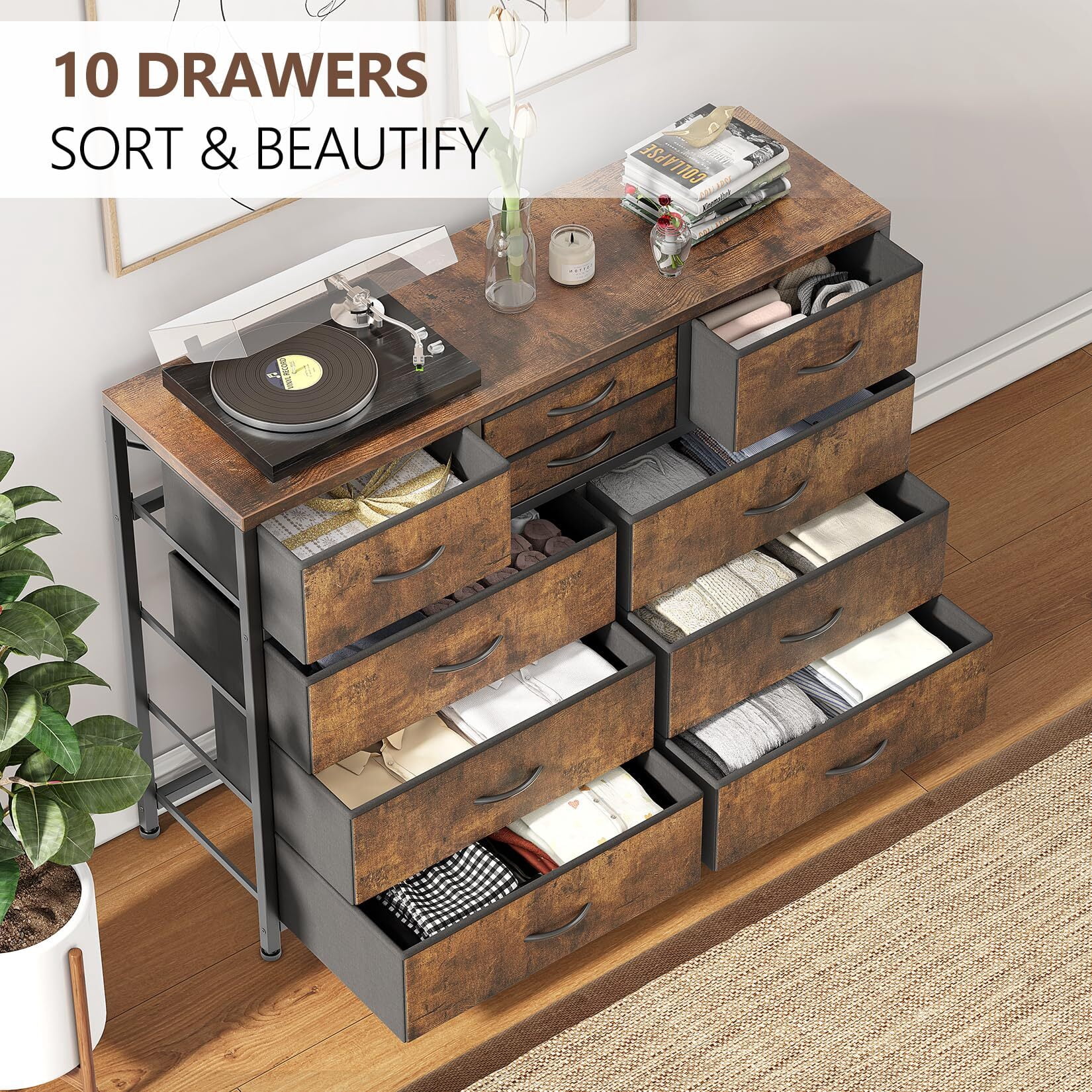 Emorefun TV Stand for 55 Inch TV, Entertainment Center with 10 Drawers for Living Room, Closet, Entryway, Hallway, Rustic Brown