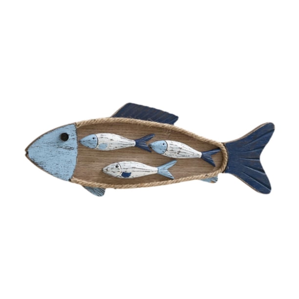 Escultura de pared colgante de madera de pez, adorno costero, decoración de pared de pez de madera con 3 peces pequeños