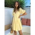 thumbnail image 6 of Womens Puff Short Sleeve Mini Dress Flowy Y2k Ruffle Lace Trim Babydoll Tie Front Embroidered A Line Dresses Yellow XL, 6 of 8