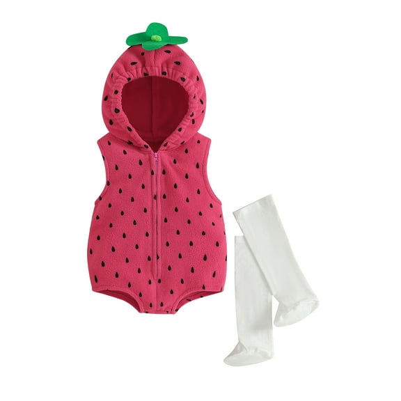 BemeyourBBs Baby Girls Romper, Sleeveless Hooded Strawberry Bodysuit with Socks