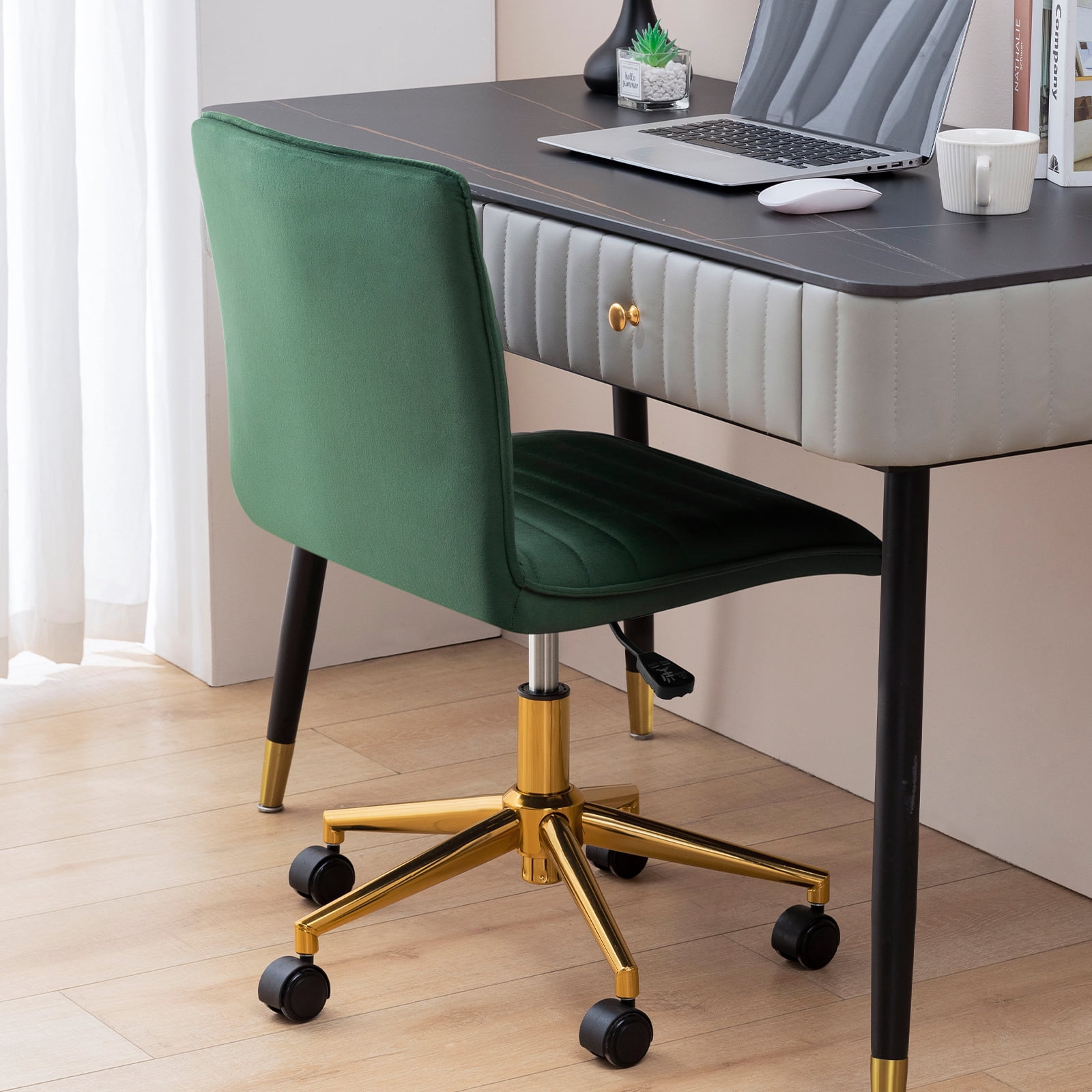 Furniliving Velvet Armless Mid-Back  Task Chair Swivel Office Chair Rolling Computer Chair Adjustable Vanity Chair, Dark Green