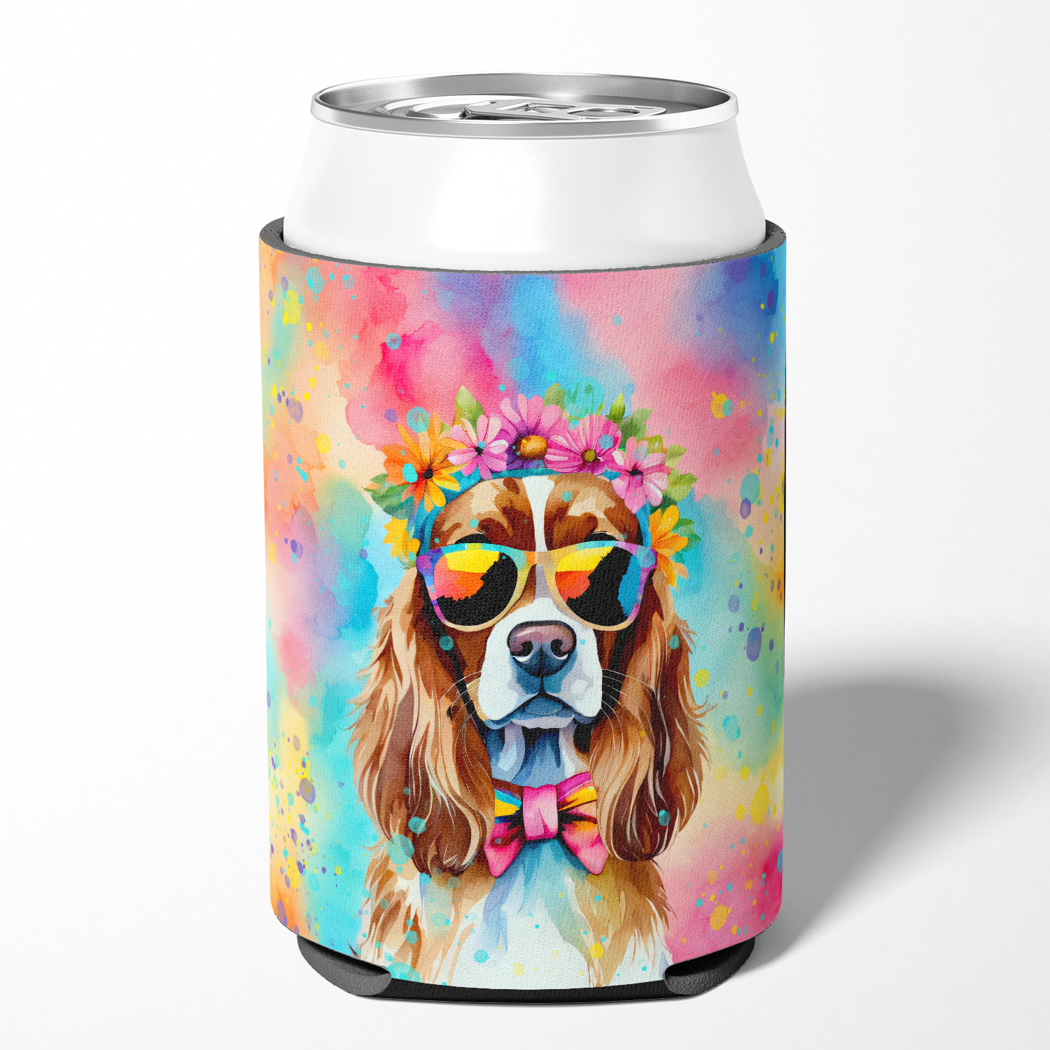 Cavalier Spaniel Hippie Dawg Can or Bottle Hugger 3 in x 5 in