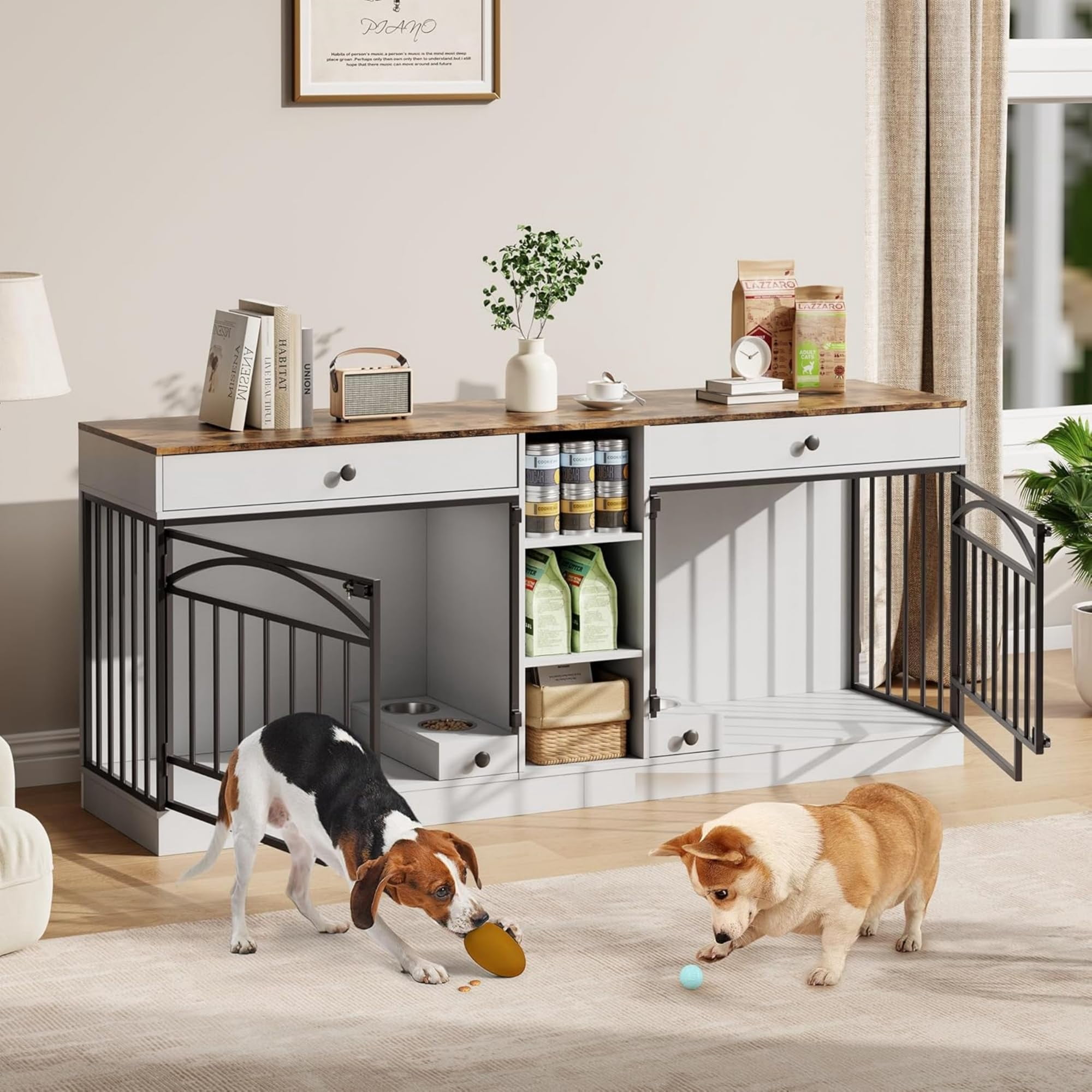 Accreate Dog Crate Furniture for 2 Dog, 78.7'' Large Dog Kennel Indoor with 2 Storage Drawers, 3 Shelves and Feeding Bowls, Double Dog Crate TV Stand for Small and Medium Dogs