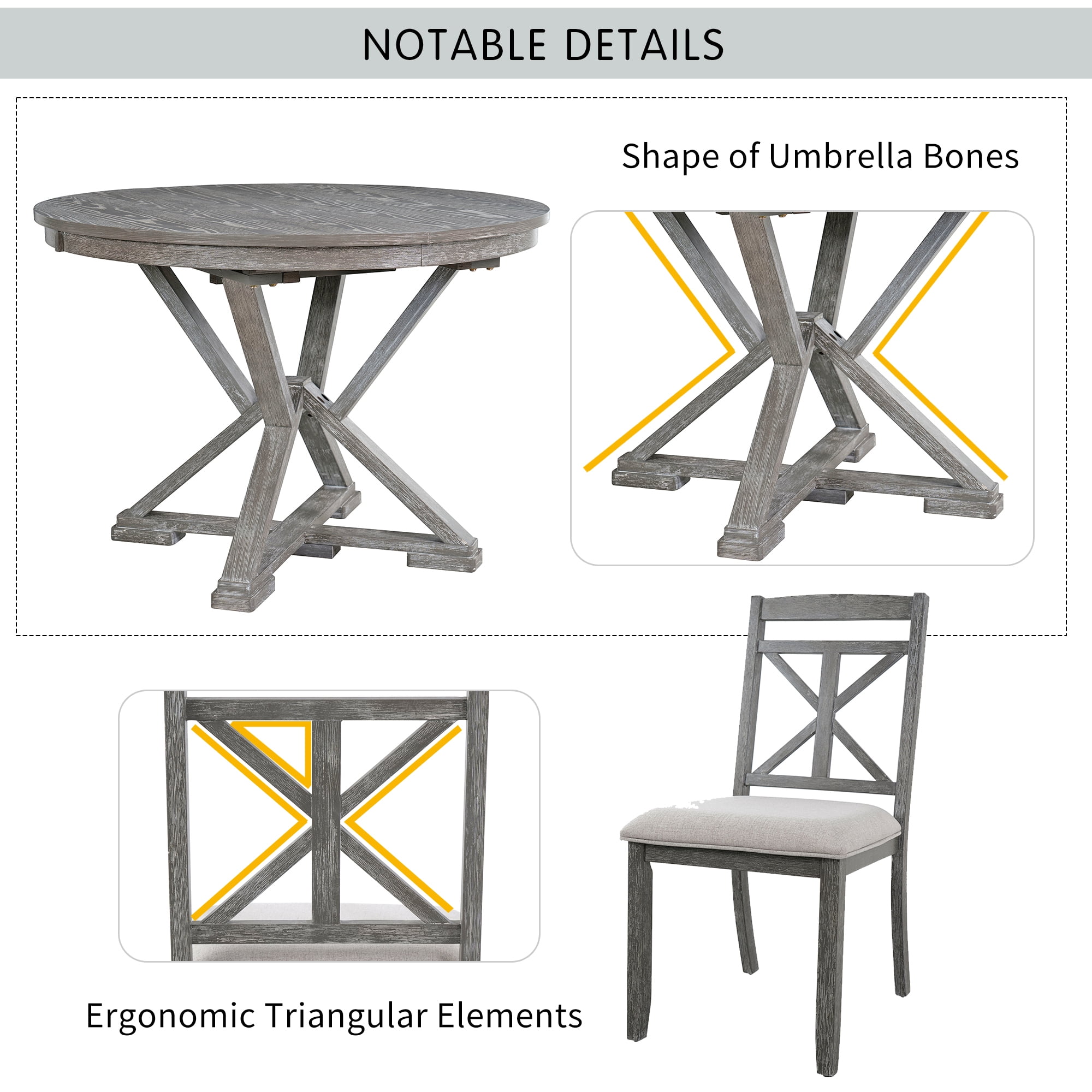 Euroco 5-Piece Retro Dining Table Set with Extendable Round Dining Table and 4 Upholstered Chairs for Dining Room and Living Room,Grey
