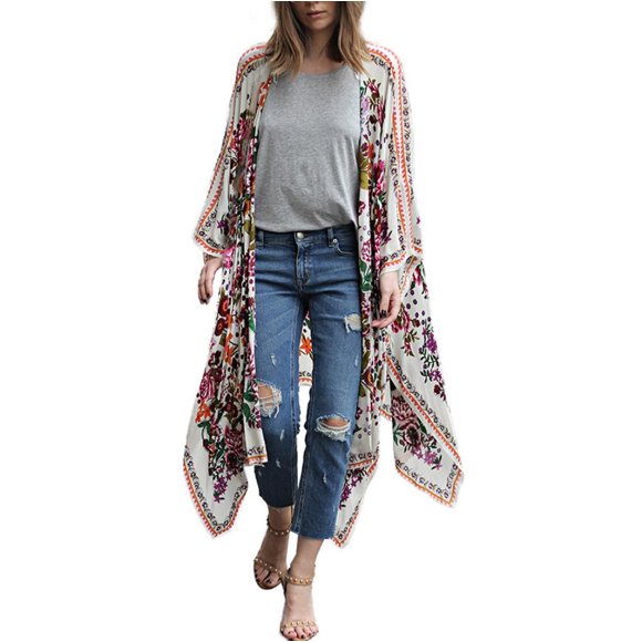 Cover Up for women Floral Print Chiffon Loose Shawl Kimono Cardigan up Shirt Blouse
