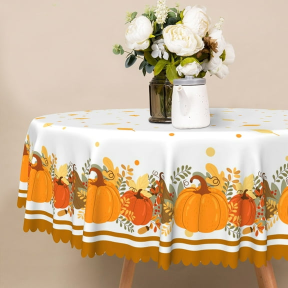 Nanqianyi Round White Tablecloth for Table, Pumpkin Maple Leaves Pattern Table Cloth for Kitchen Party Outdoor Decor，60"